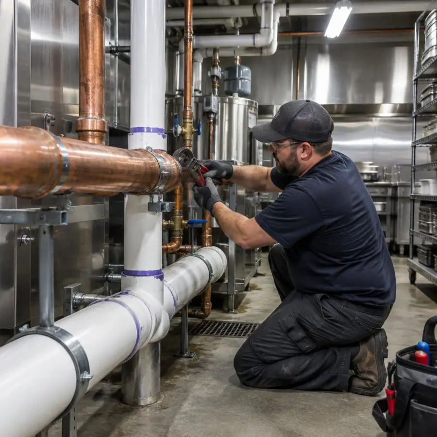 Plumber working on commercial piping in a restaurant mechanical room